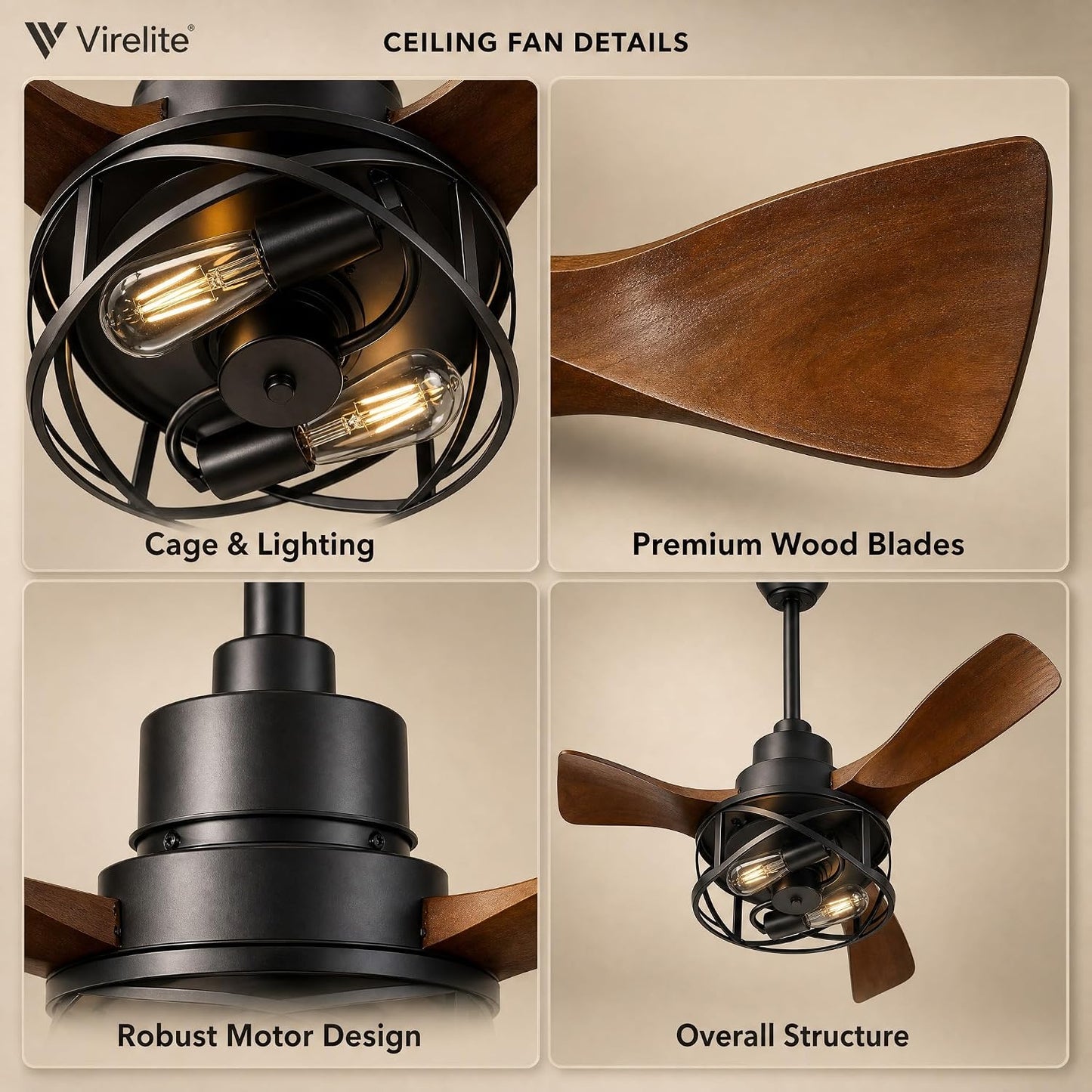 42 Inch Modern Farmhouse Ceiling Fan with Light, 3 Walnut Blade Industrial Cage Light, Quiet DC Motor, App & Remote, 4"+8" Downrods, Hard‑wired Indoor Fan for Bedroom & Living Room
