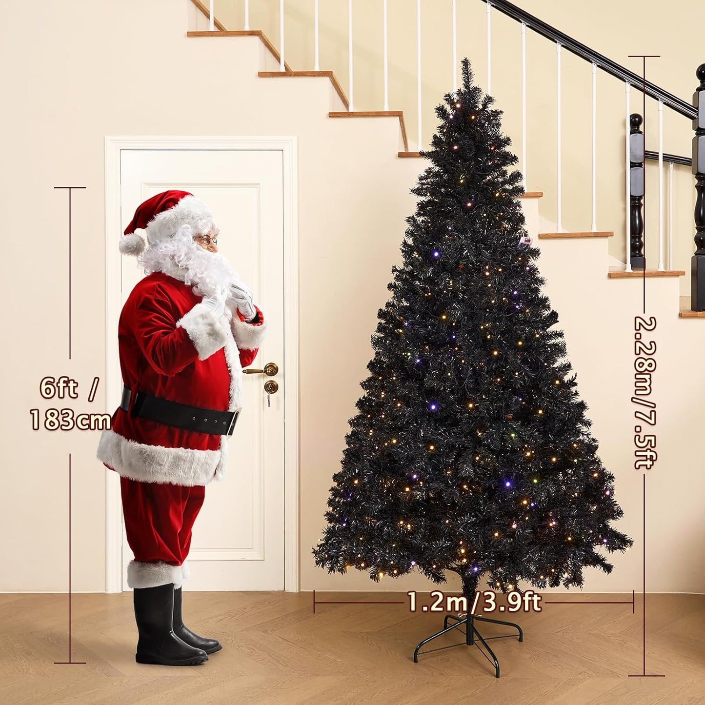 7.5FT Black Artificial Christmas Tree Prelit with 1600 PVC Branch Tips, 600 Lights & 9 Modes, Seasonal Holiday Party Decorations with Sturdy Metal