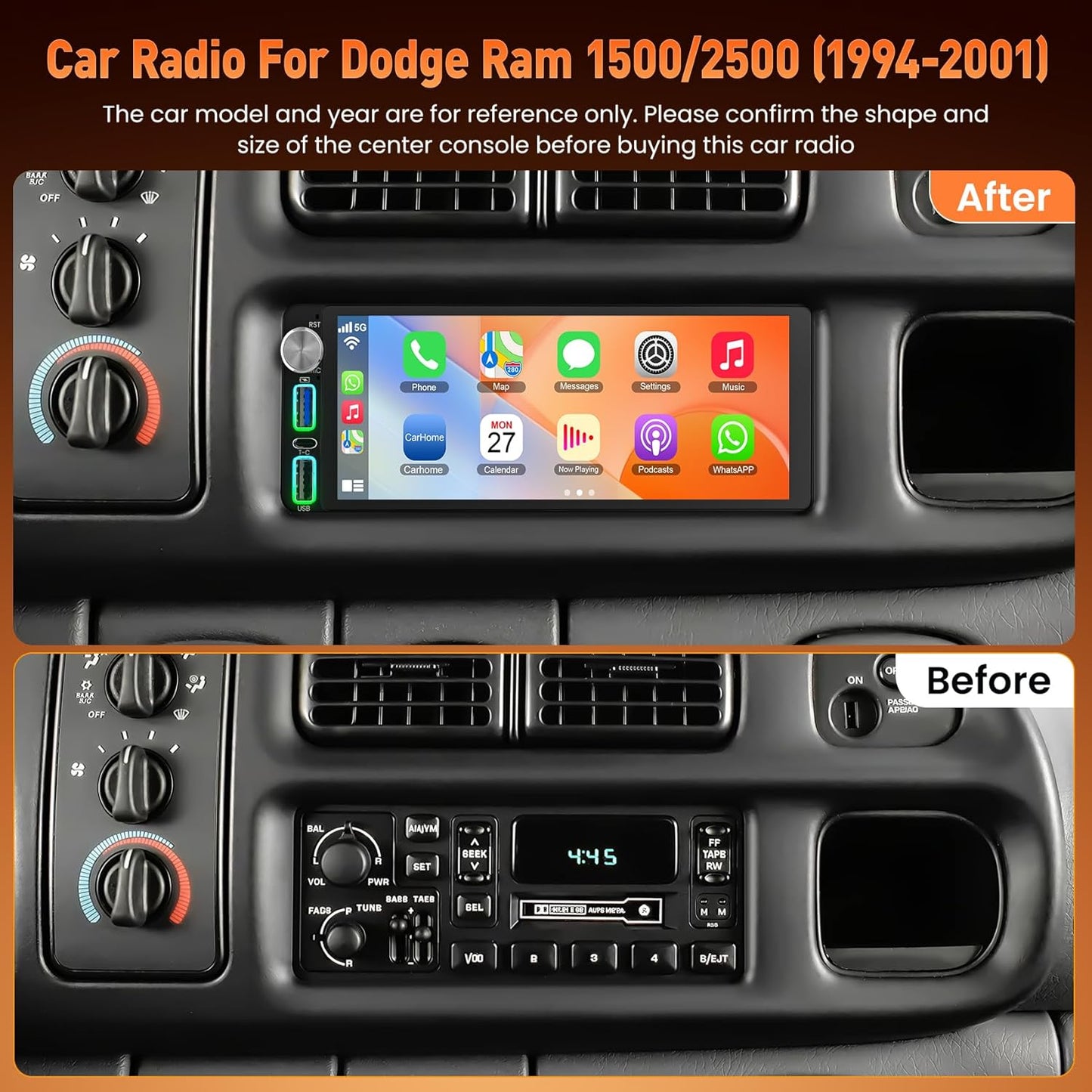 (8Core + Android 15) 6.8 Inch QLED Touch Screen Car Radio for Dodge Ram 1500 2500 (1994-2001),for Dodge Grand Caravan (1992-2000), Support Carplay& Android Auto& Mirror Link &Bluetooth&GPS&FM Radio For Dodge Ram 1500/2500 1994-2001
