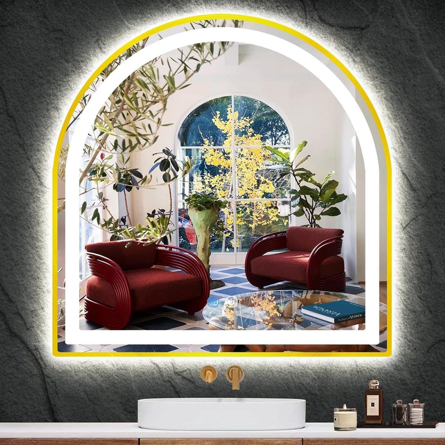 LED Mirror 24 x 26 Inch Gold Arch for Bathroom Wall, Desk Table; Gold Arched Mirror with Lights AntiFog 3 Color Dimmable 26 Bathroom Gold Arched