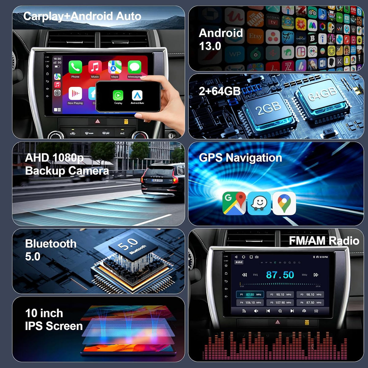64GB Car Radio Stereo Upgrade for 2015-2017 Toyota Camry, Plug and Play 10'' Android 13 Head Unit with Wireless Carplay/Android Auto/1080P Backup Camera/AM FM Radio