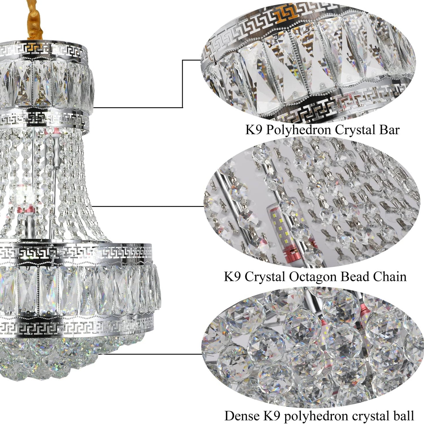 Hubrin Luxury Crystal Chandelier,Empire Style k9 Crystal Chandelier Lighting, 12 Light Chrome Crystal Chandeliers Ceiling Light Fixture for Dinning