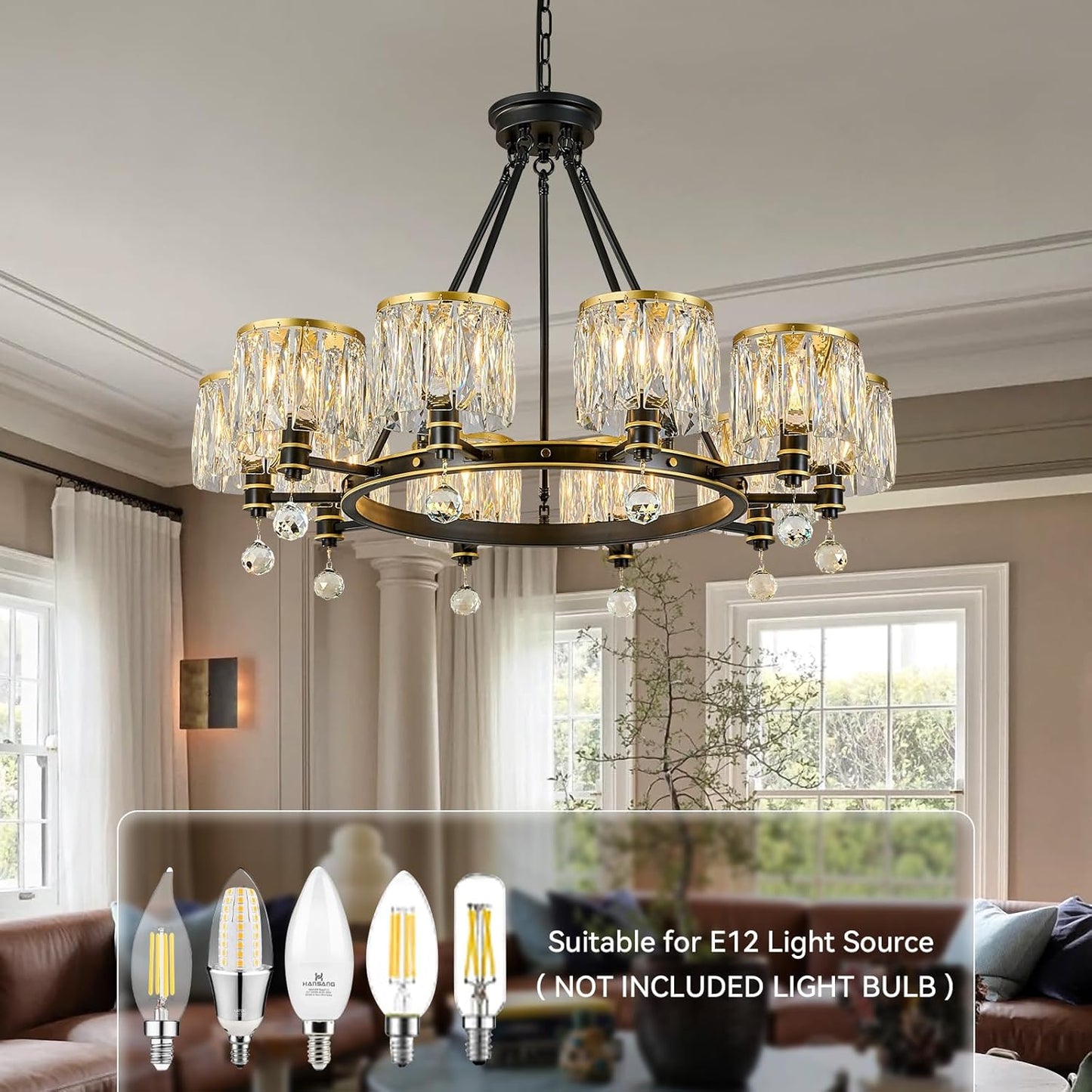 LBSQJ Dining Room Light Fixture Semi Flush Mount Ceiling Light Fixture Lndustrial Farmhouse Chandeliers Black Gold Crystal Chandelier Iron Pendant