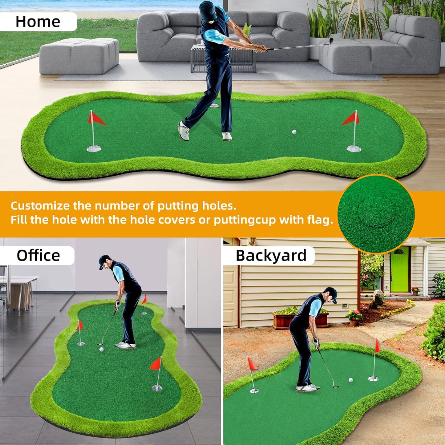 Golf Putting Green, 5 x 10 Ft. Golf Putting Mat, Golf Practice Mat, Professional Golf Training Aid for Indoor & Outdoor, Golf Green Mat w/ 3 Hole