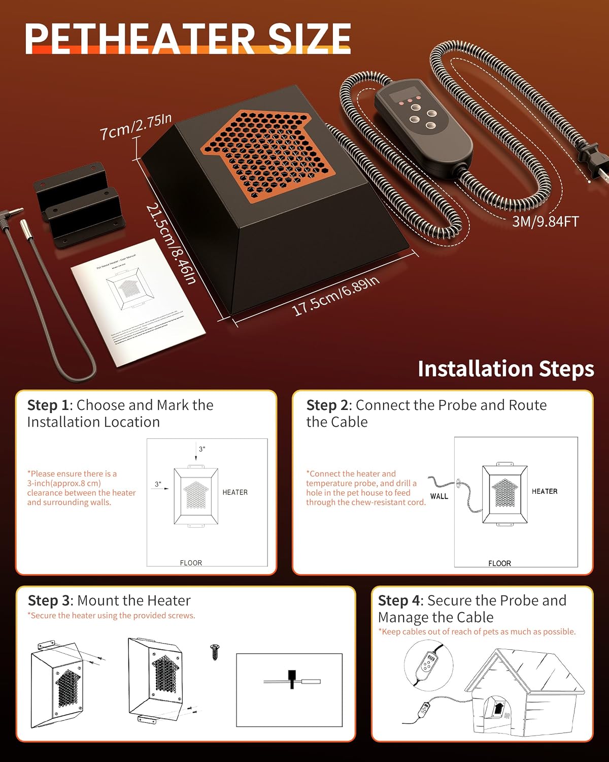 Dog House Heater 600W, Wall-Mounted Heater with WiFi & Timer for Pet House