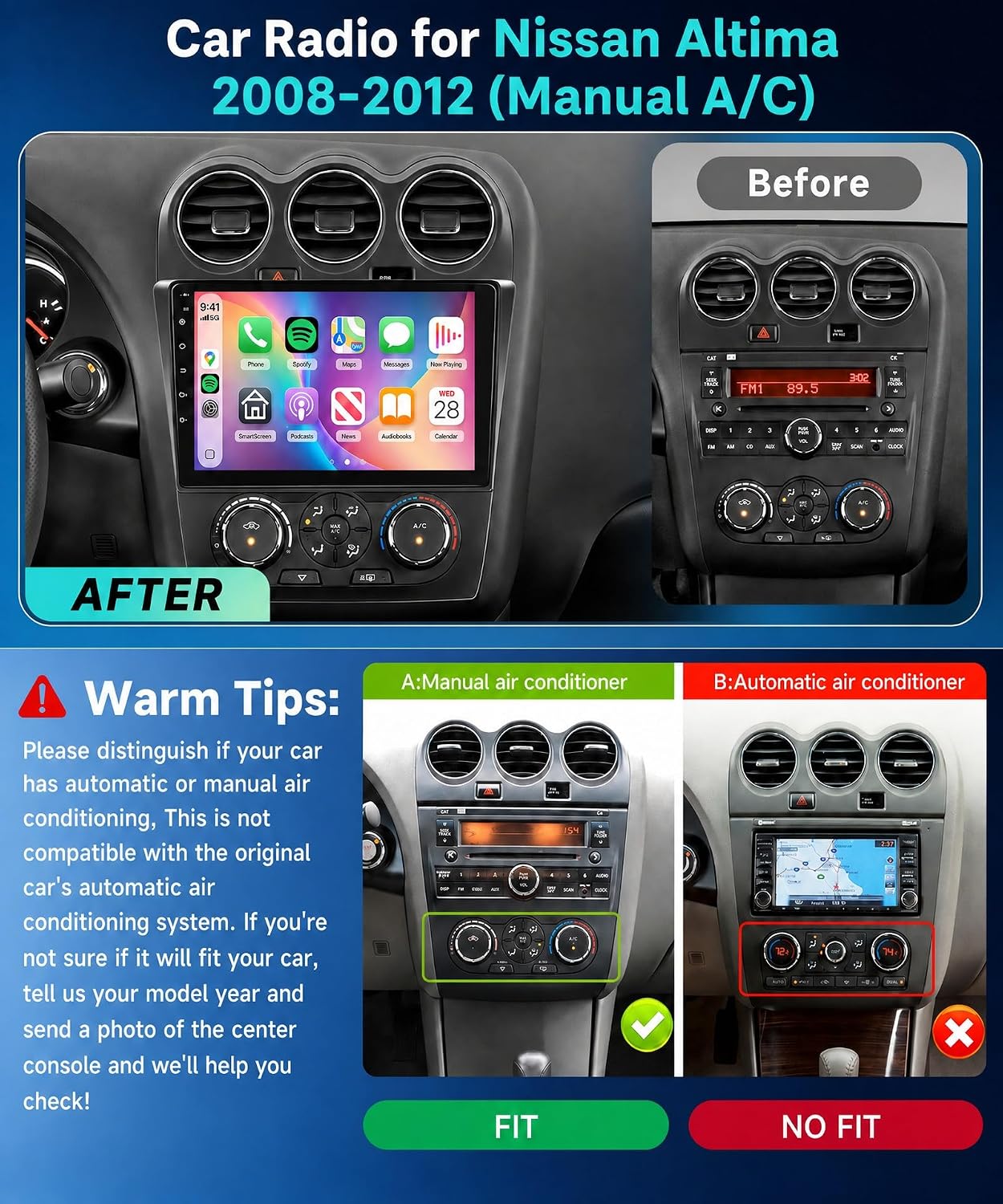 5Ghz WiFi Android 15 Car Radio for Nissan Altima 2008-2012 (Manual A/C) with 9" IPS 1280 * 720 HD Touch Screen Wireless CarPlay & Android Auto Bluetooth 5.0 GPS SWC FM RDS Backup Camera