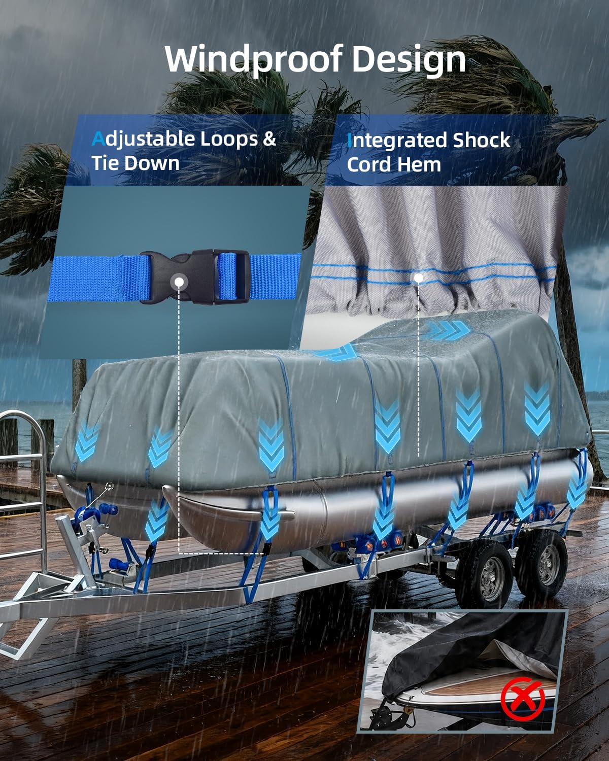 OCEANBROAD 1200D Pontoon Boat Cover Heavy-Duty Waterproof Anti-UV with Bag Gray For 22'-24' Length, Beam Width up to 8.5' / 102''