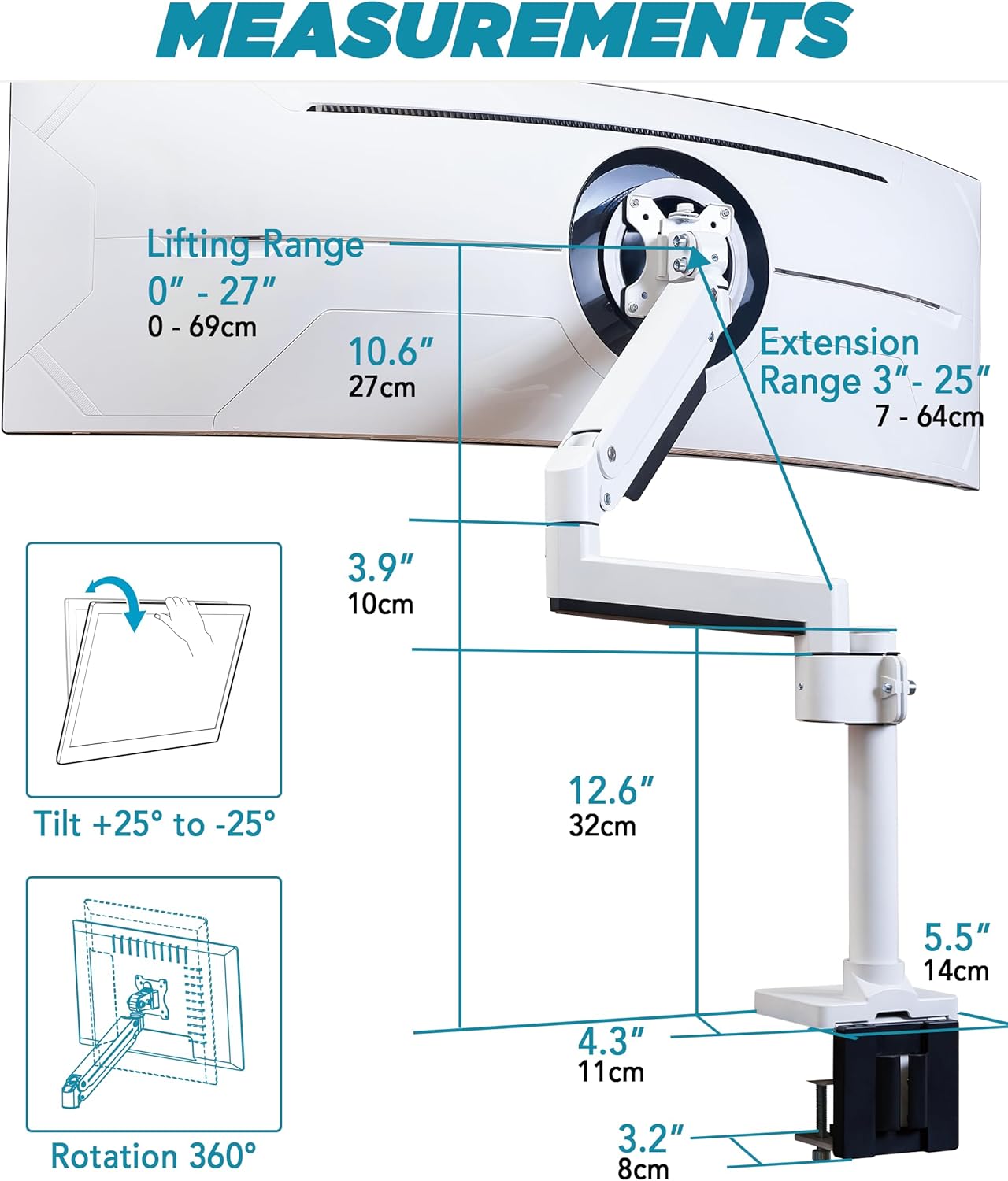 Heavy Duty Monitor Arm for Ultrawide Monitors up to 57'; and 44 lbs, Single Desk Stand, Pneumatic Height Adjustable, Modular Extension Arms - Max