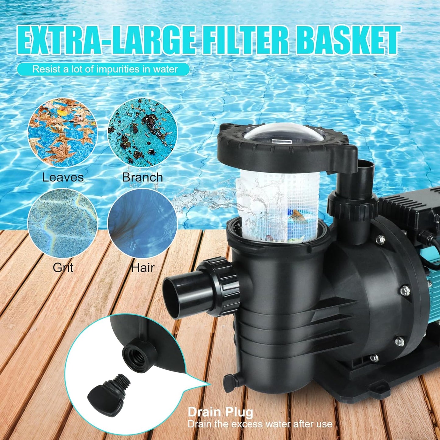 2HP Pool Pump Inground and Above Ground, 6980GPH High Flow Powerful Swimming Pool Pump, 110V Energy Saving with 1.25-1.5'', 1.5'', 2.0'' Unions and Filter Basket 2HP-1