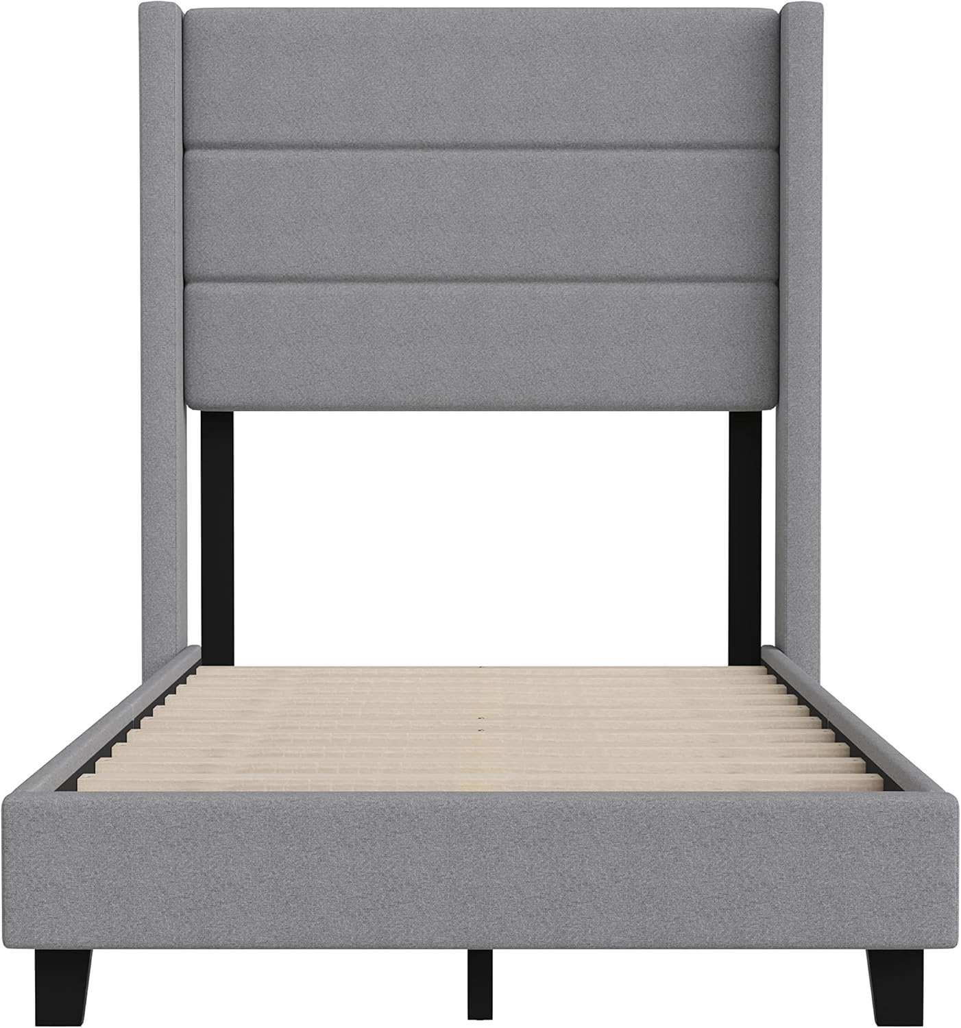 Taylor & Logan Hilton Gray Faux Linen Upholstered Platform Bed with Wingback Headboard, Slatted Support System - Twin (Grey, Twin)