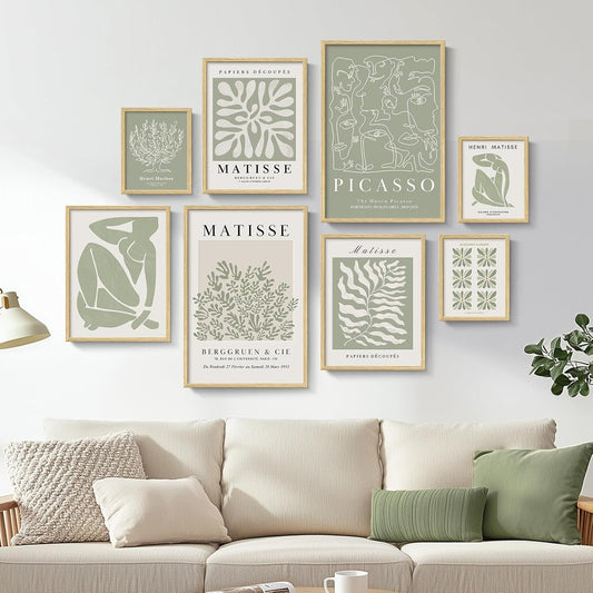 Framed Large Sage Green Matisse Wall Art for Living Room & Bedroom Decor - 8 Piece Vintage Matisse Canvas Artwork Prints Set, Abstract Botanical Wall