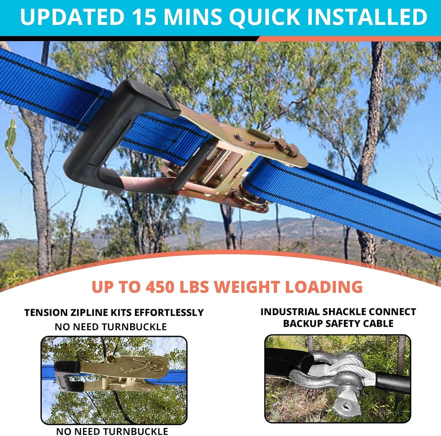 HOKINETY Zip Line Kit for Kids Adults : 100FT Up to 450Lbs - Quick Setup Zipline for Backyard Outdoor with 100% Rust Proof