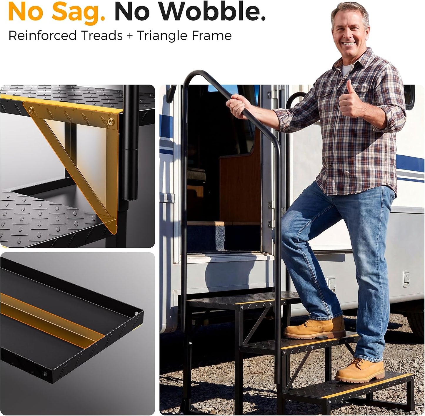 CAMMOO 3-Step RV Steps with Wheels, Per Step 1000LBS Capacity, 304 Stainless Steel Bolts at All Critical Joints, Anti-Slip Treads Entry Steps for Travel Trailer Hot Tub Pool Porch Mobile Home Camper