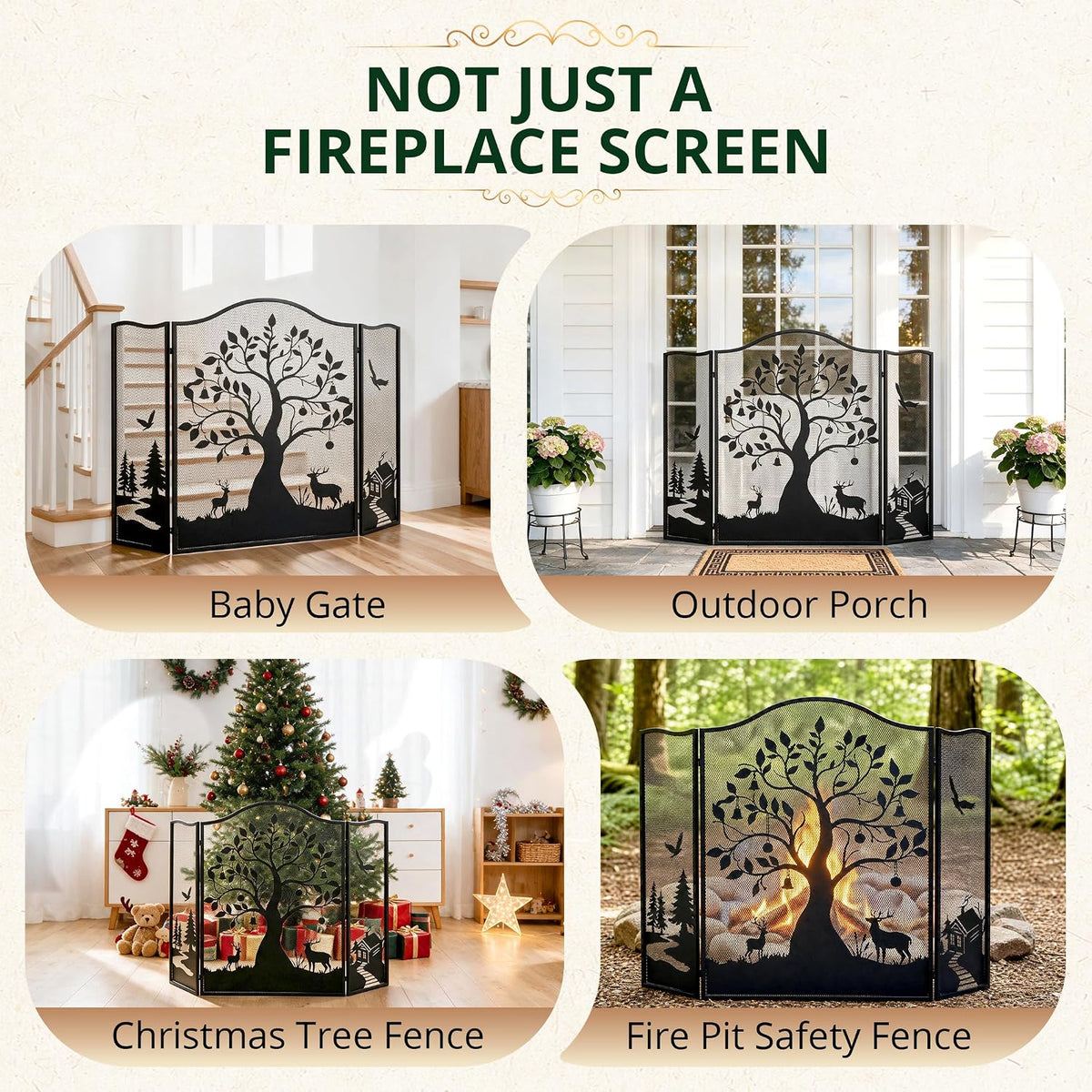3-Panel Fireplace Screen, Tree Pattern Fire Guard, Rustic, 50" x 36"