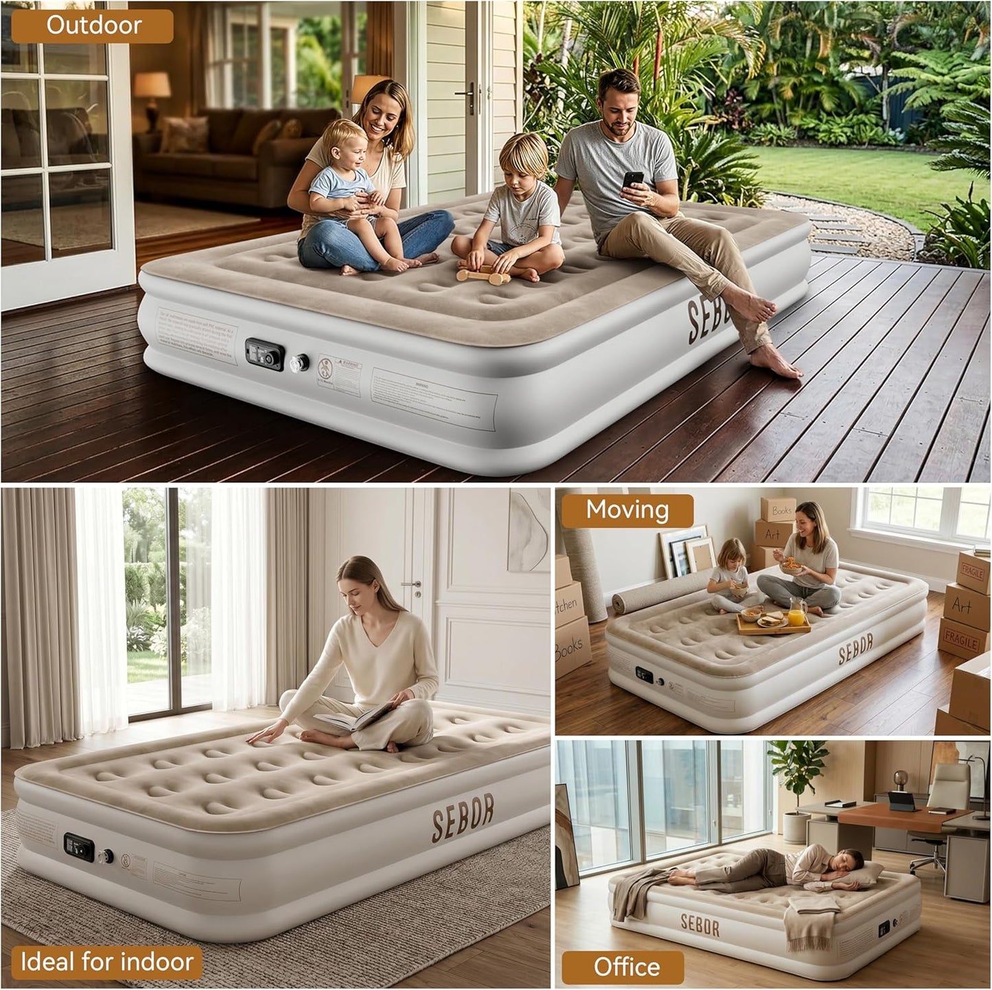 Air Mattress Twin with Built-in Pump 13", Comfortable Self-Inflating Blow up Mattress, Tan