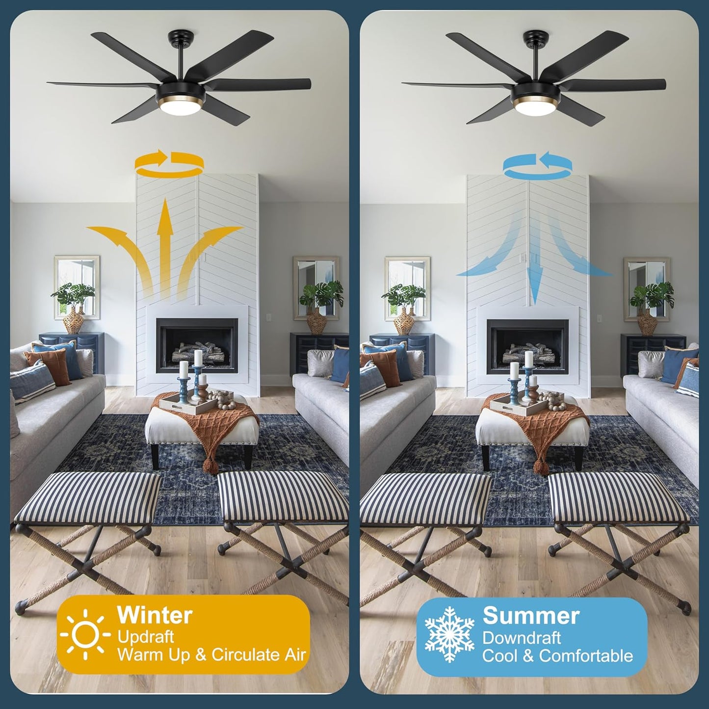 56 Inch Black, Quiet, Reversible Ceiling Fans with Dimmable 3-Color Lights and Remote