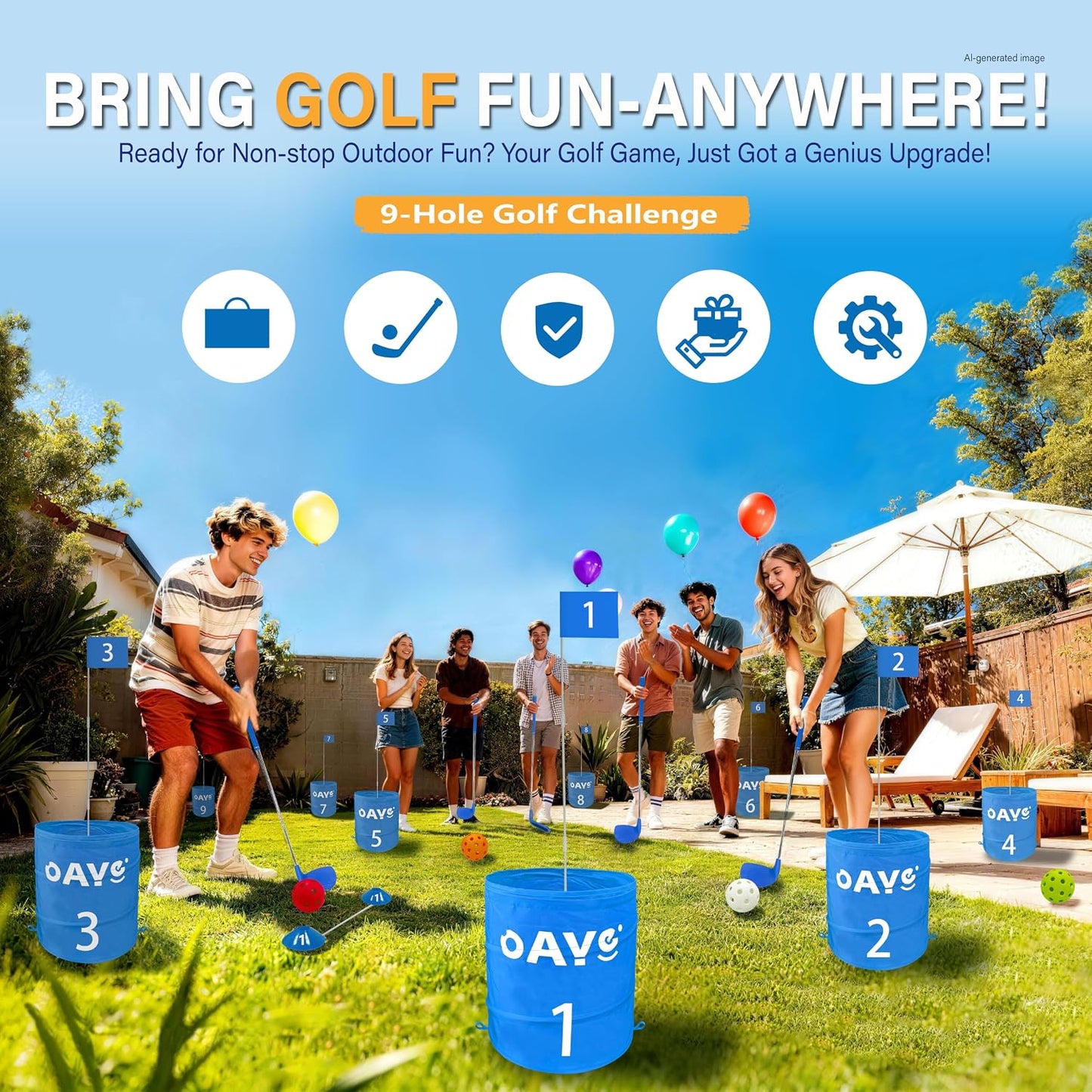 Backyard Golf Game Set, 9 Hole Lawn Golf with Clubs(4R1L) & Carry Bag | 35.5" One-Piece Clubs, Multi-Surface Play: Outdoor, Lawn, Park, Beach, Yard. Golf Fun for Adults, Amateur & Family
