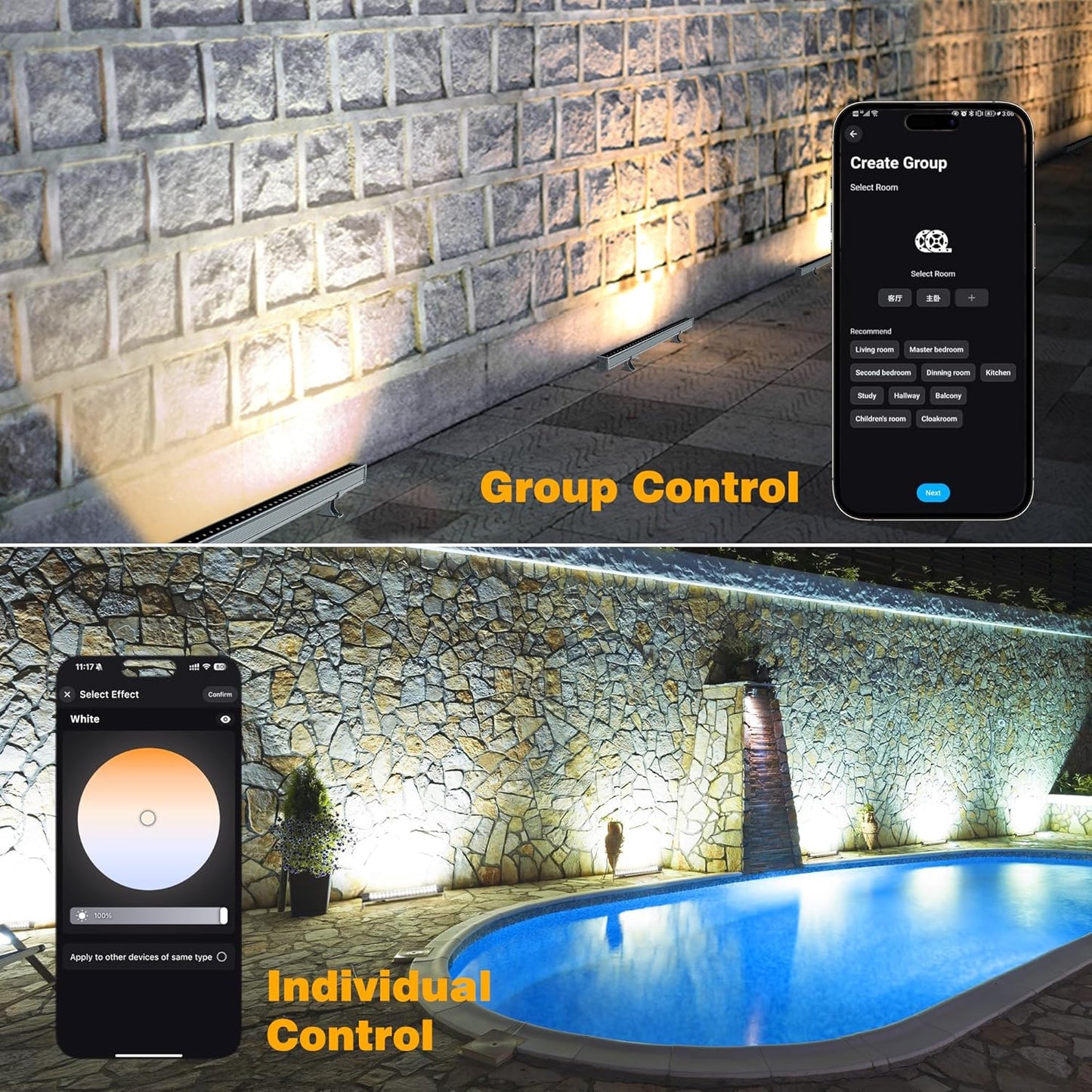 Smart LED Light Bar 20" – WiFi App & Remote Controlled RGB Wall Washer, 2700K-6500K Tunable White, 100% Dimmable IP65 Waterproof Outdoor Light Fixture, Voice Control, for Patio Garden Stage 20" Tunable White(2700-6500K)