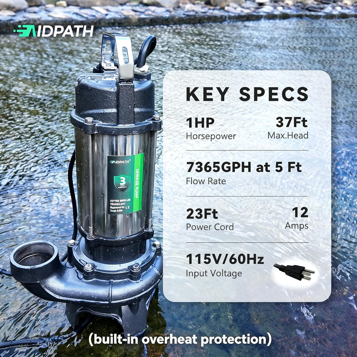 Max 8870GPH, 1.5HP, 115V Trash Pump, Septic Sewage Pump Submersible