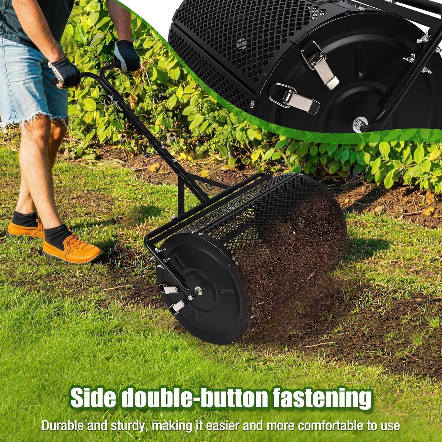 GADFISH 24 Inch Compost Spreader & Lawn Roller, Featuring One Wire Mesh Roller and One 23 Gallon Hollow Roller, Push & Tow Design, Suitable for Lawn Maintenance and Peat Moss Spreader