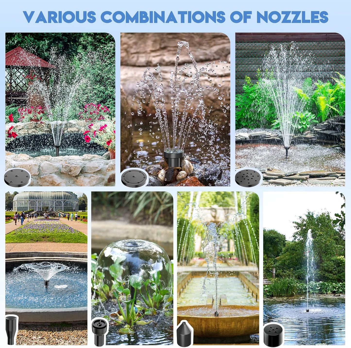 Antfraer 25W Solar Pond Pump, Solar Water Fountain Pump with 410GPH Adjustable Flow, Solar Water Pump with 7 Nozzles, 6.6ft Tubing, Dry Run Protection for Garden, Ponds, Waterfall, Fountain 25W Solar Pond Fountain
