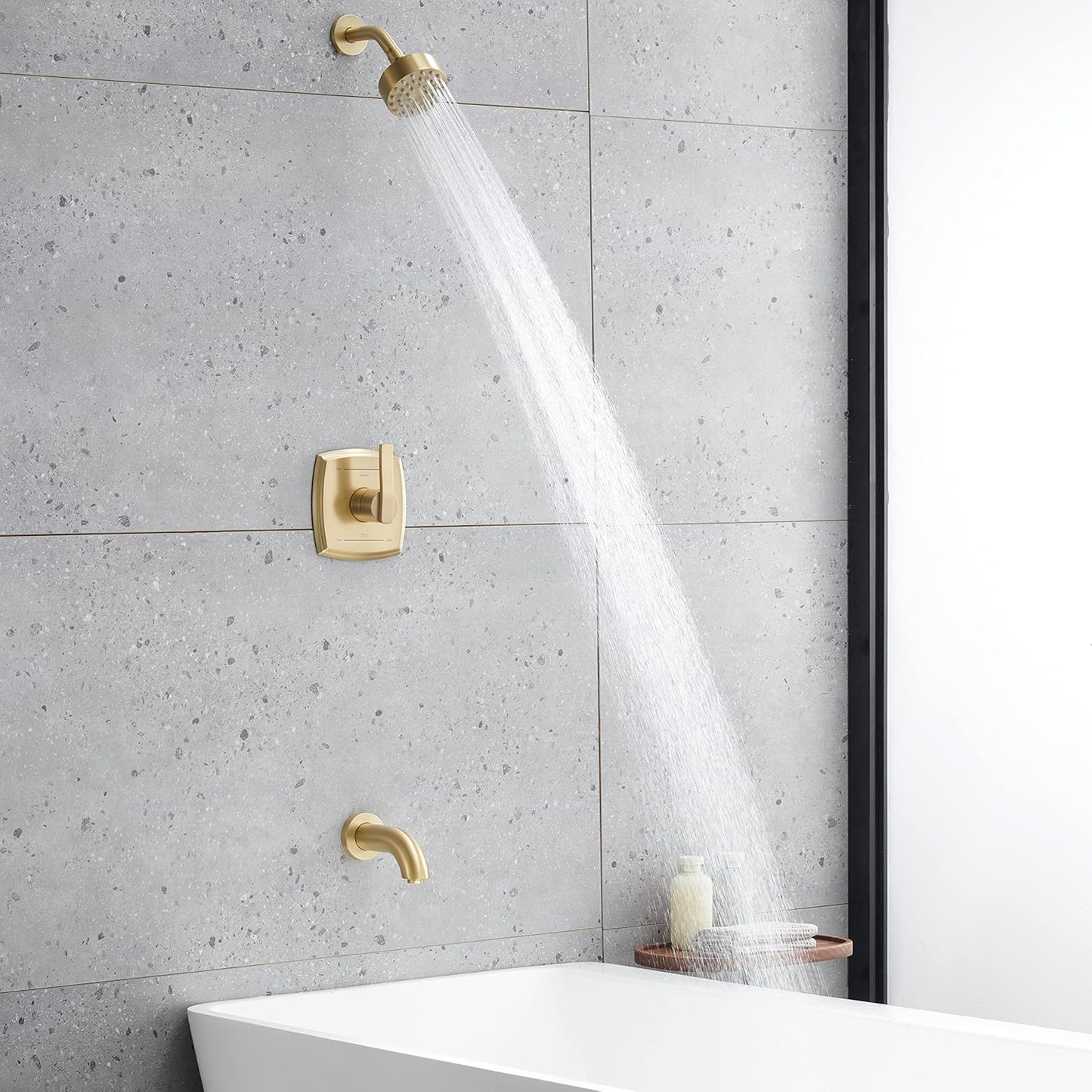 SOOOHOT Brushed Gold Shower Fixtues, Tub and Shower Faucet Set Combo with 4 Inch Gold Shower Head and Tub Spout, Gold Shower Head and Handle Set