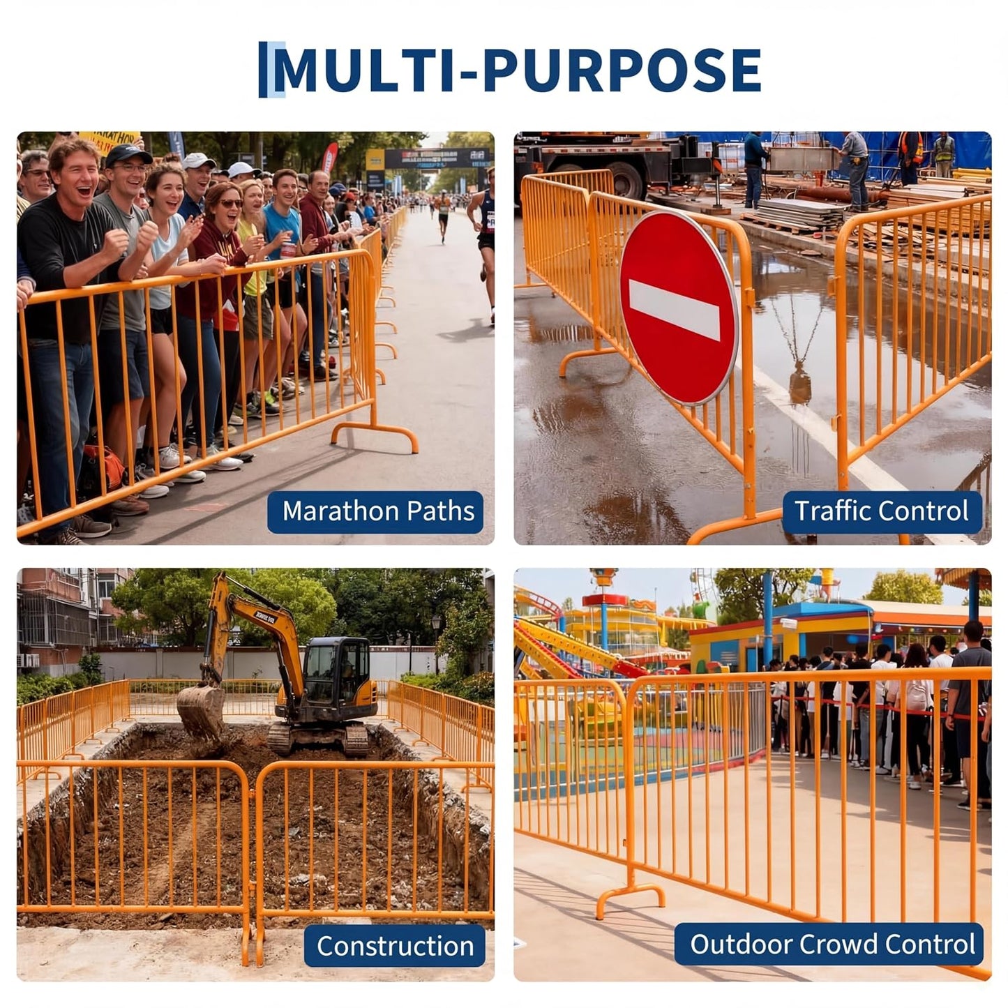 Interlocking Steel Barricade, 7.5 Ft. Heavy Duty Galvanized Metal Barricade, Interlocking Steel Road Barriers with with Bridge Feet Base, for Crowd Control Event Fencing Indoor/Outdoor, Orange
