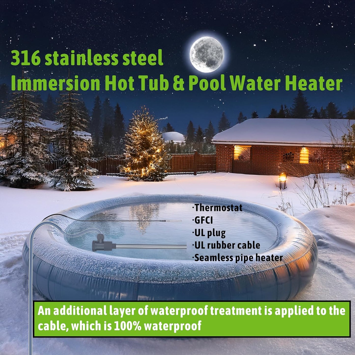 1800W Submersible Hot Tub & Pool Portable Immersion Water Heater with Temperature Control and GFCI Leakage Protection for Swimming Pools, Bathtubs, Buckets, Baptistries, and Most Liquids