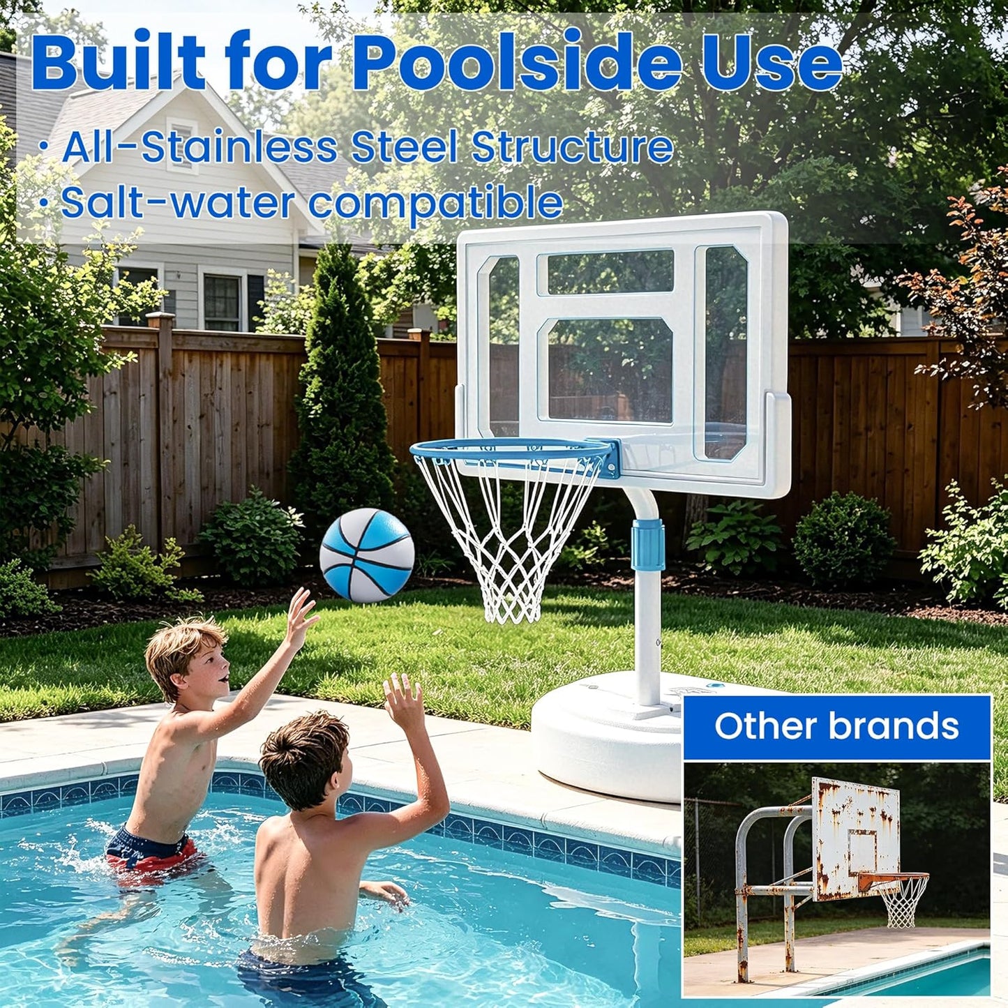 Pool Basketball Hoop (Includes 2 Balls and Pump), Stainless Steel Outdoor Pool Basketball Goal with Clear Backboard, Adjustable Height, Portable for Backyard, Family & Poolside Games