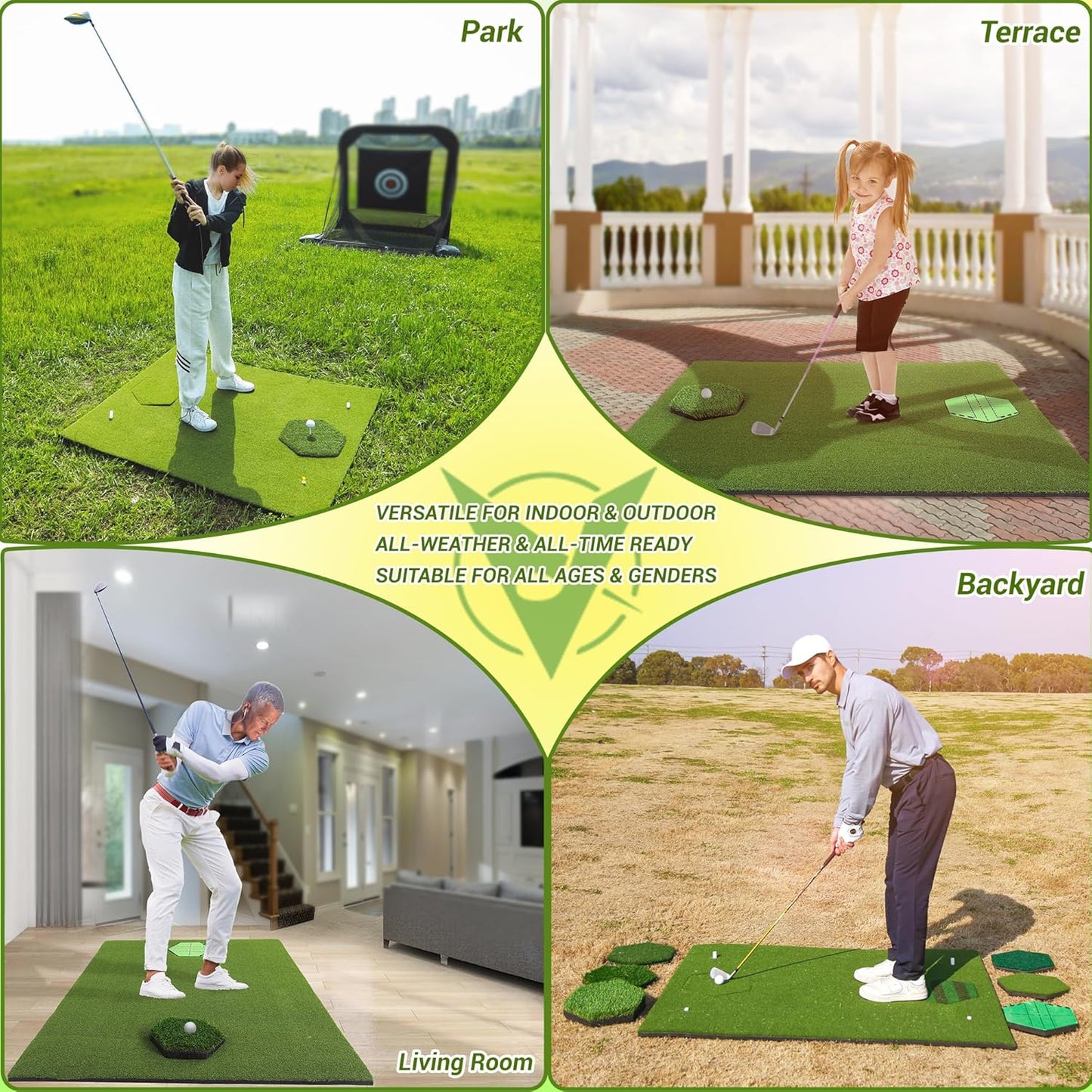 Golf Mat 8-in-1Versatile 5x4ft Golf Hitting Mat for Indoor/Outdoor Practice - 8 Insert Mats - Premium Turf with Enhanced Impact Resistance - Anti-Slip