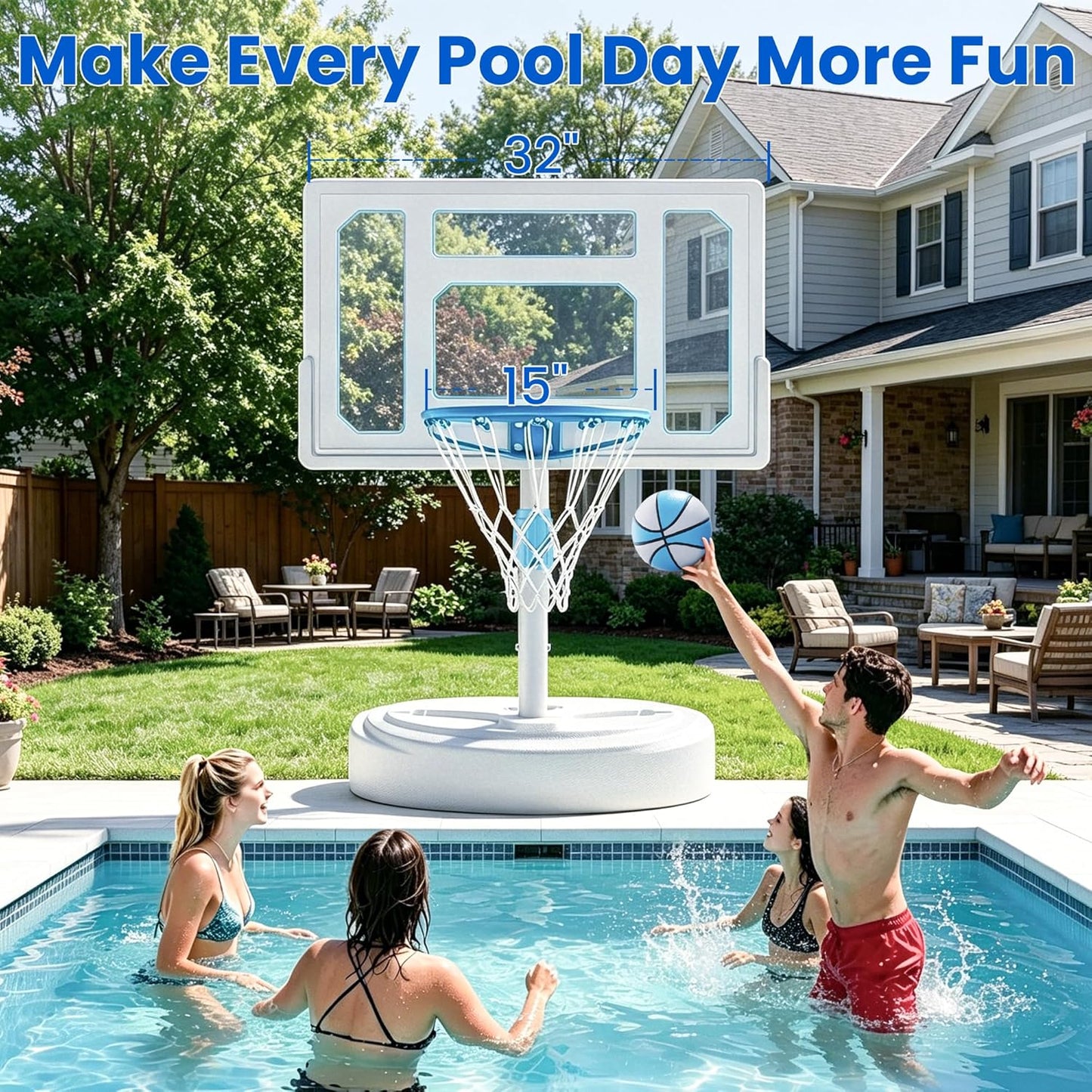 Pool Basketball Hoop (Includes 2 Balls and Pump), Stainless Steel Outdoor Pool Basketball Goal with Clear Backboard, Adjustable Height, Portable for Backyard, Family & Poolside Games