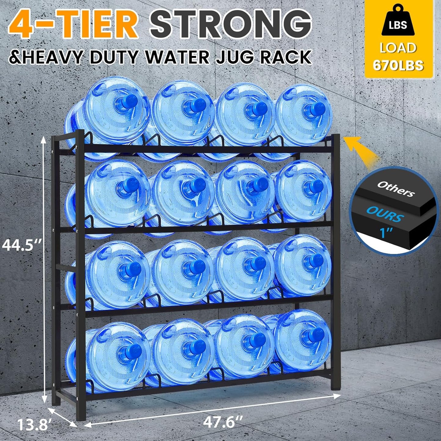 5 Gallon Water Jug Holder Stand for 16 Slots, 4 Tier, 5 Gallon Water Jug, Thicken Heavy-Duty Water Cooler Jug Rack for Kitchen Office Home Garages