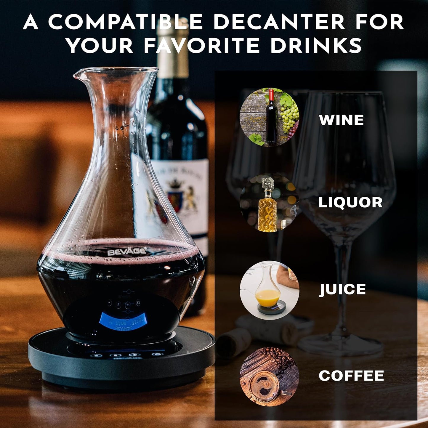 Bevage Pro Electronic Wine/Spirits Aging and Decanting Liquor Decanter by Bevage - Lead-Free Glass Decanter, Cork Catcher, USB-C Battery, Glass