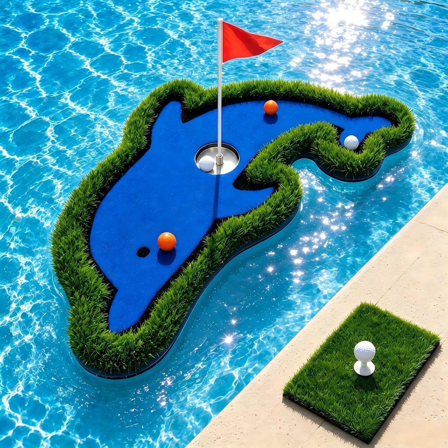 Dolphin-Shaped Floating Golf Green for Pool, 27.5x40 Inch Pool Golf Game Floating Set with Chipping Mat and Accessories, Backyard Putting Green for Outdoor Water and Land Practice