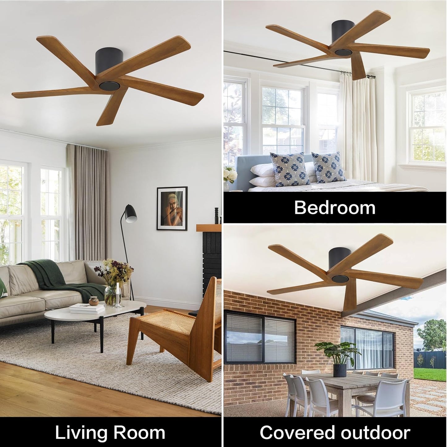 54 Inch Flush Mount DC Ceiling Fan without Lights, 5 Reversible Carved Wood Blades, 6-Speed Noiseless DC Motor, Hugger Ceiling Fan No Lights in Matte