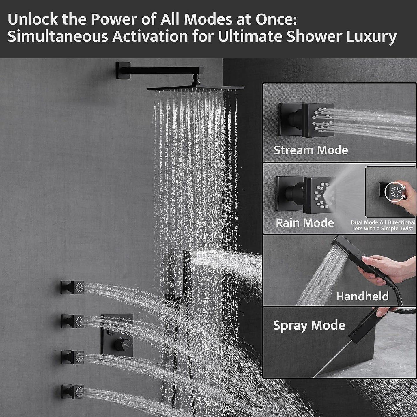 SHOYELA Thermostatic Shower System with 4PCS Dual Modes Body Jets Matte Black, Push Button Diverter Shower Fixtures with 2 in 1 Handheld, Wall Mount