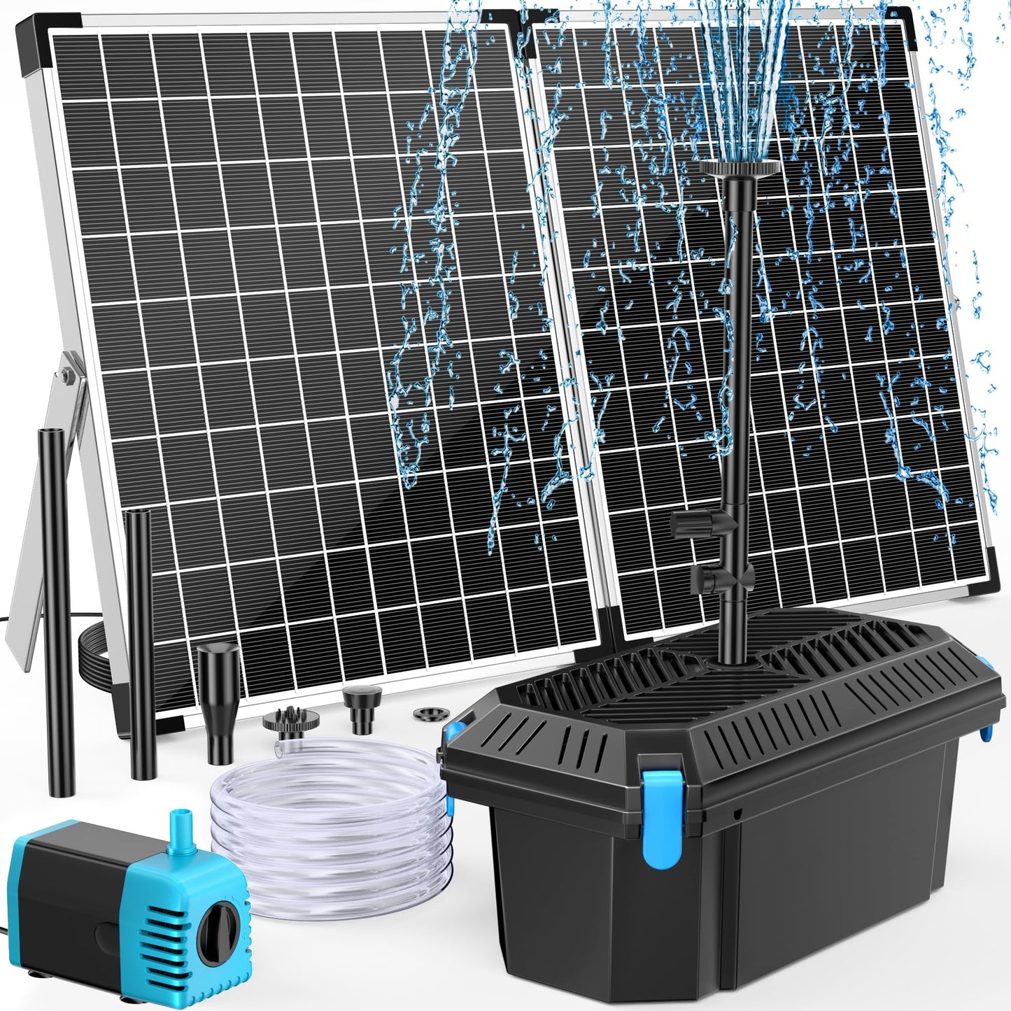 POPOSOAP 40W Solar Fountain Pump with Pond Filter, Solar Pond Filter with Adjustable Flow, Pond Filters for Outdoor Ponds Pool Waterfall Koi Pond Water Features