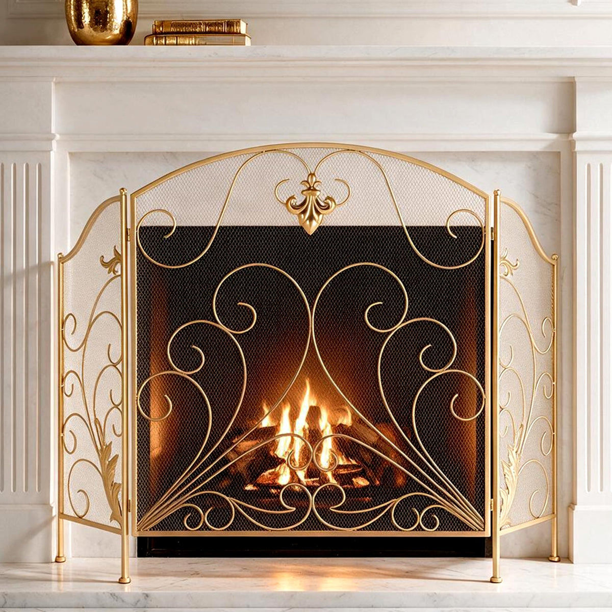 50 x 33.6 Inch 3-Panel Foldable Wrought Iron Fireplace Screen