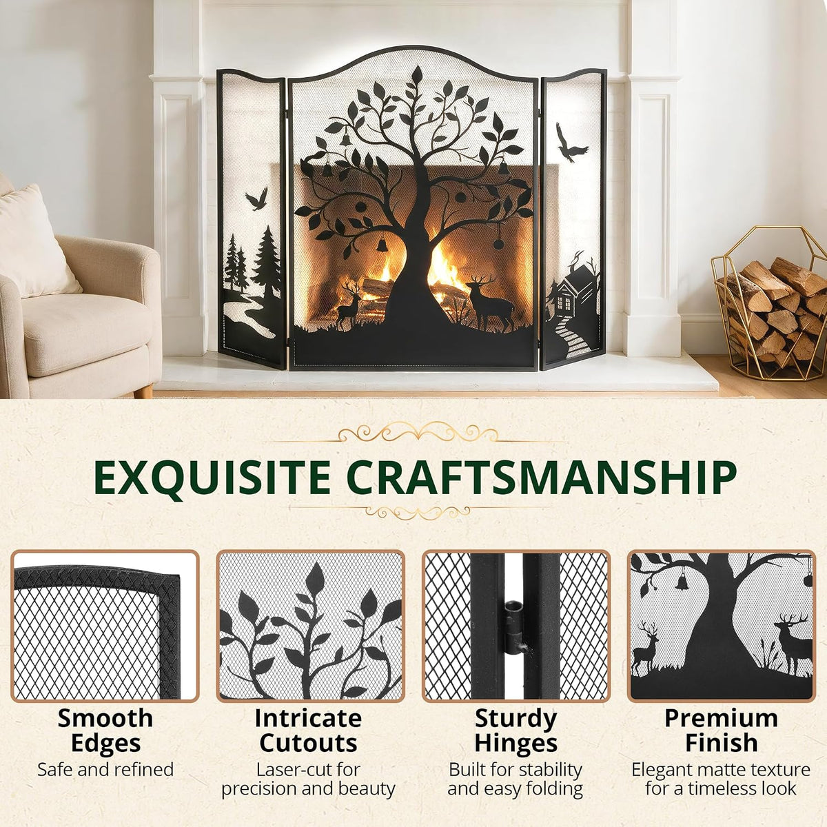 3-Panel Fireplace Screen, Tree Pattern Fire Guard, Rustic, 50" x 36"