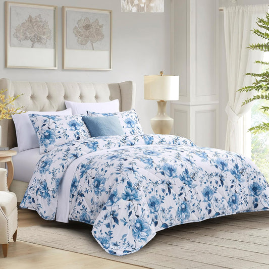 Amlie Home Queen Size Down Alternative Comforter Sets for All Seasons, Full Size Quilt, Garden Floral Farmhouse, 1 Comforter and 2 Pillow Shams, Blue