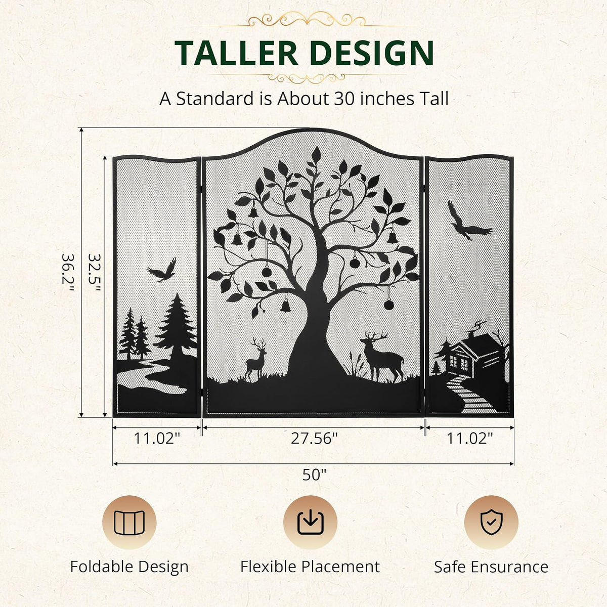 3-Panel Fireplace Screen, Tree Pattern Fire Guard, Rustic, 50" x 36"