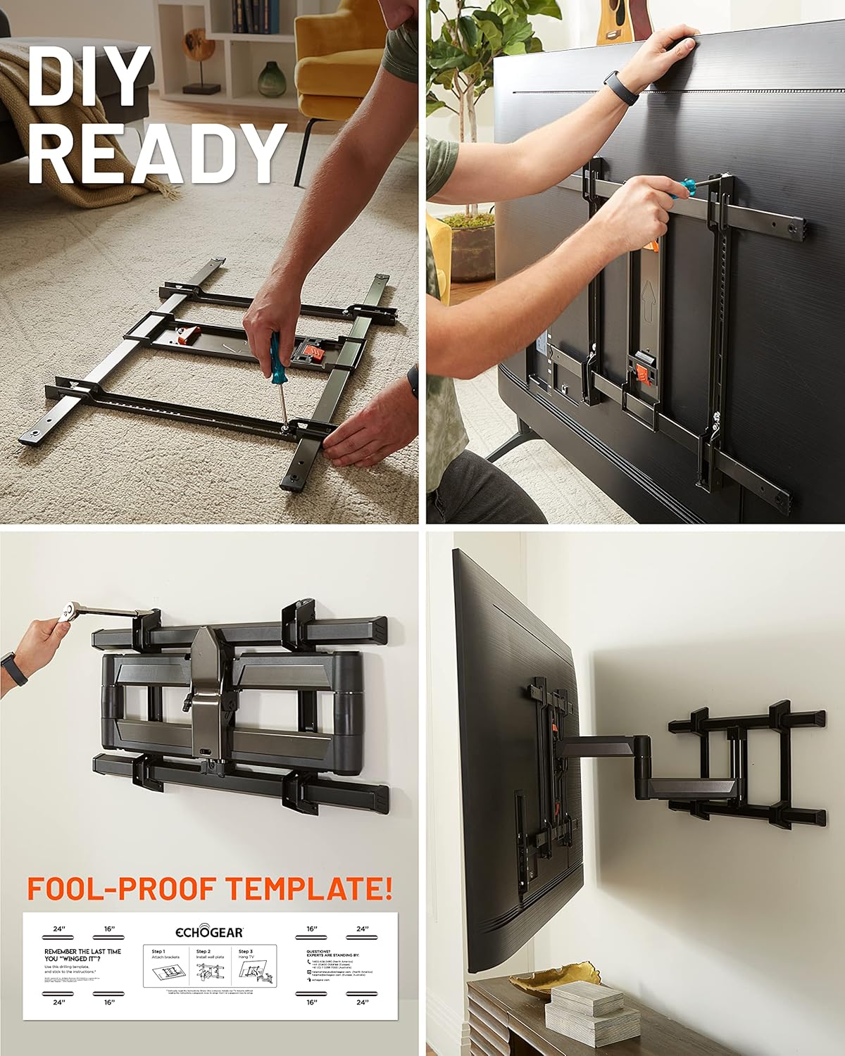 ECHOGEAR XL Full Motion TV Wall Mount - Universal Bracket for Big TVs Up to 90' - Smooth Full Motion Plus Easy 3 Step Install with Pre-Assembled TV