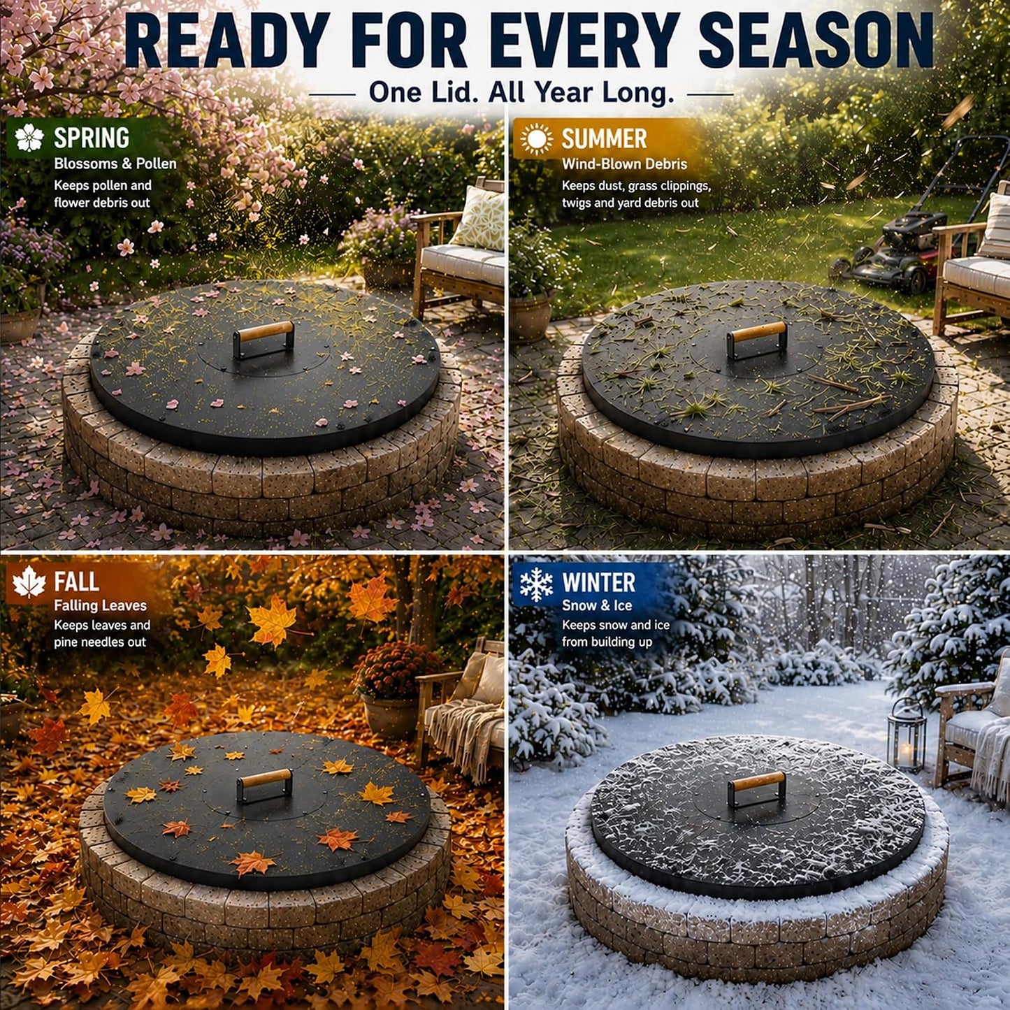 34 in Round Fire Pit Lid, 1.5 mm Steel Cover with Wooden Handle | Metal fire pit cover for outdoor patios and backyards, 34 in round lid with 1.5 mm steel construction and wooden handle