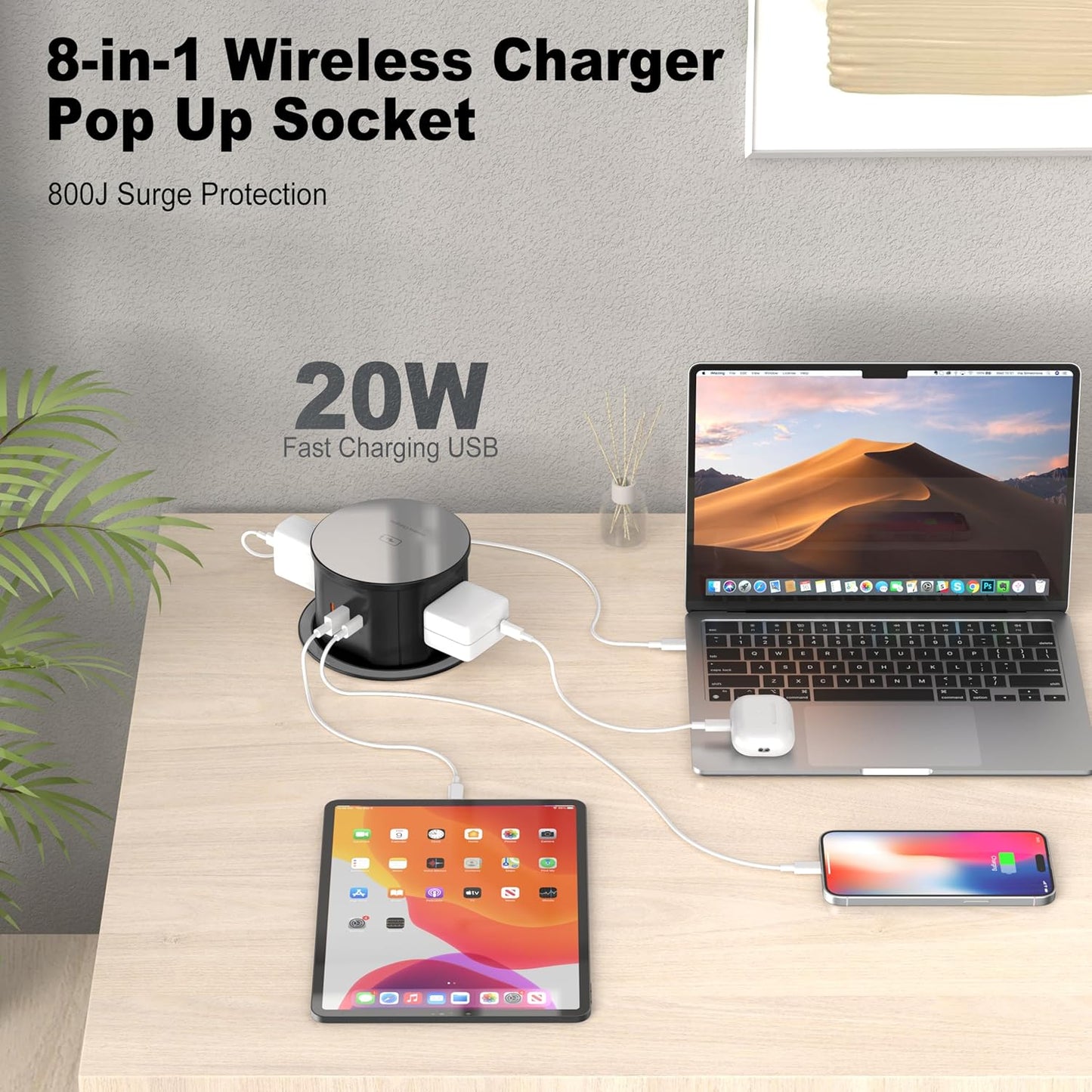 Pop Up Countertop Outlet with 15W Wireless Charger, 4 AC Outlets & PD 20W USB-C Fast Charging Station, 4.75 inch Desk Power Grommet Outlet Connect 6FT