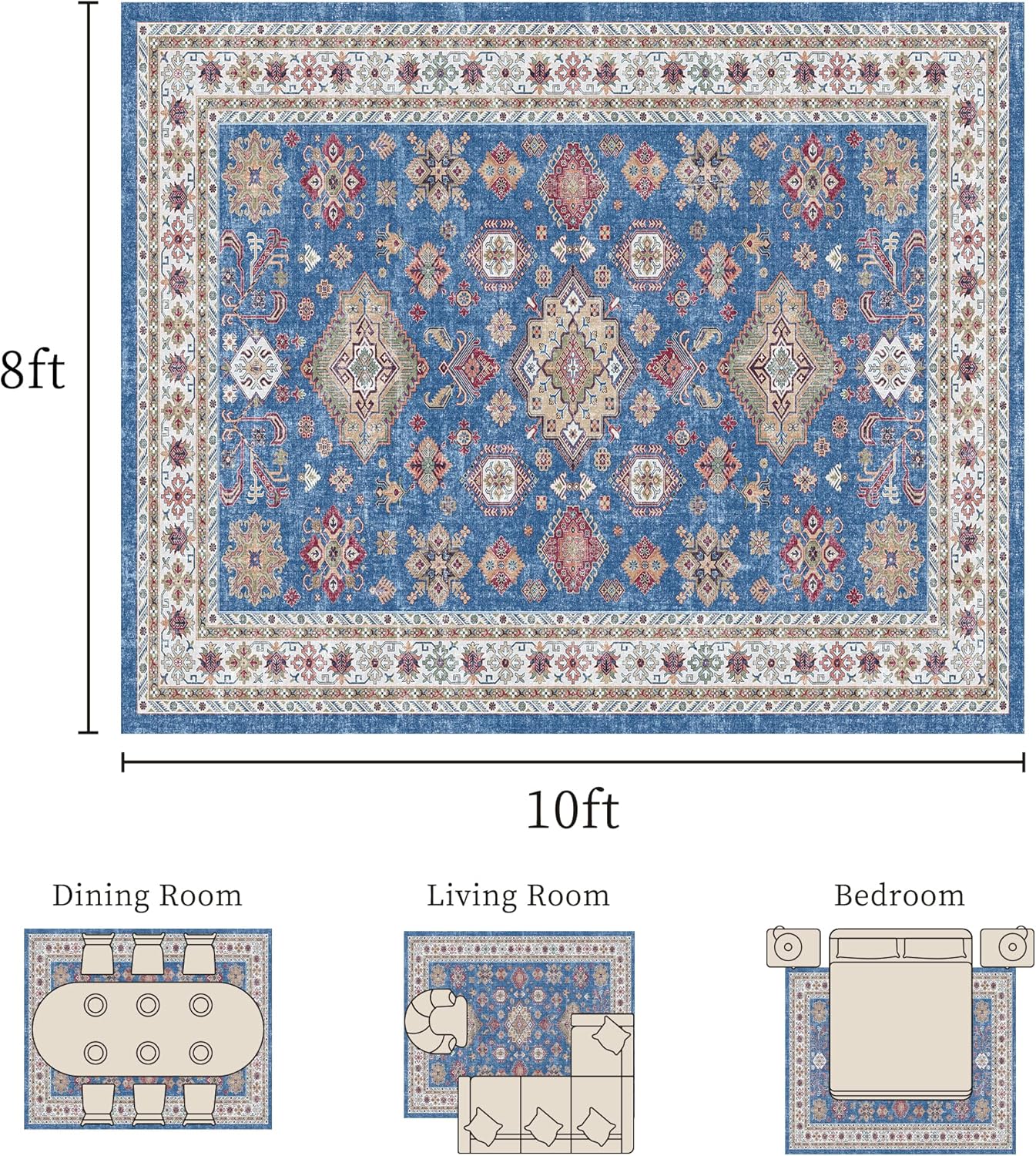 8x10 Area Rug, Machine Washable Rugs for Living Room Bedroom, Boho Soft Non Slip Large Carpet, for Indoor Dining Room Office Hall, Oriental Vintage T