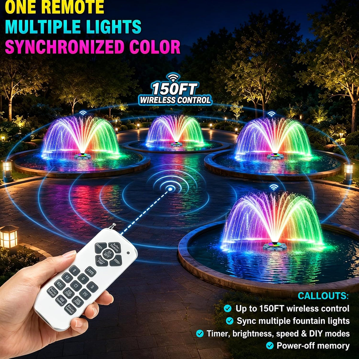 RELIY Pond Fountain Aerator 50W RGBW Fountain Light Upgrade Kit for, 10000LM 360-Degree LED Light Ring, 100FT Cord, IP68 Stainless Steel Pond Light for Lakes, Water Gardens
