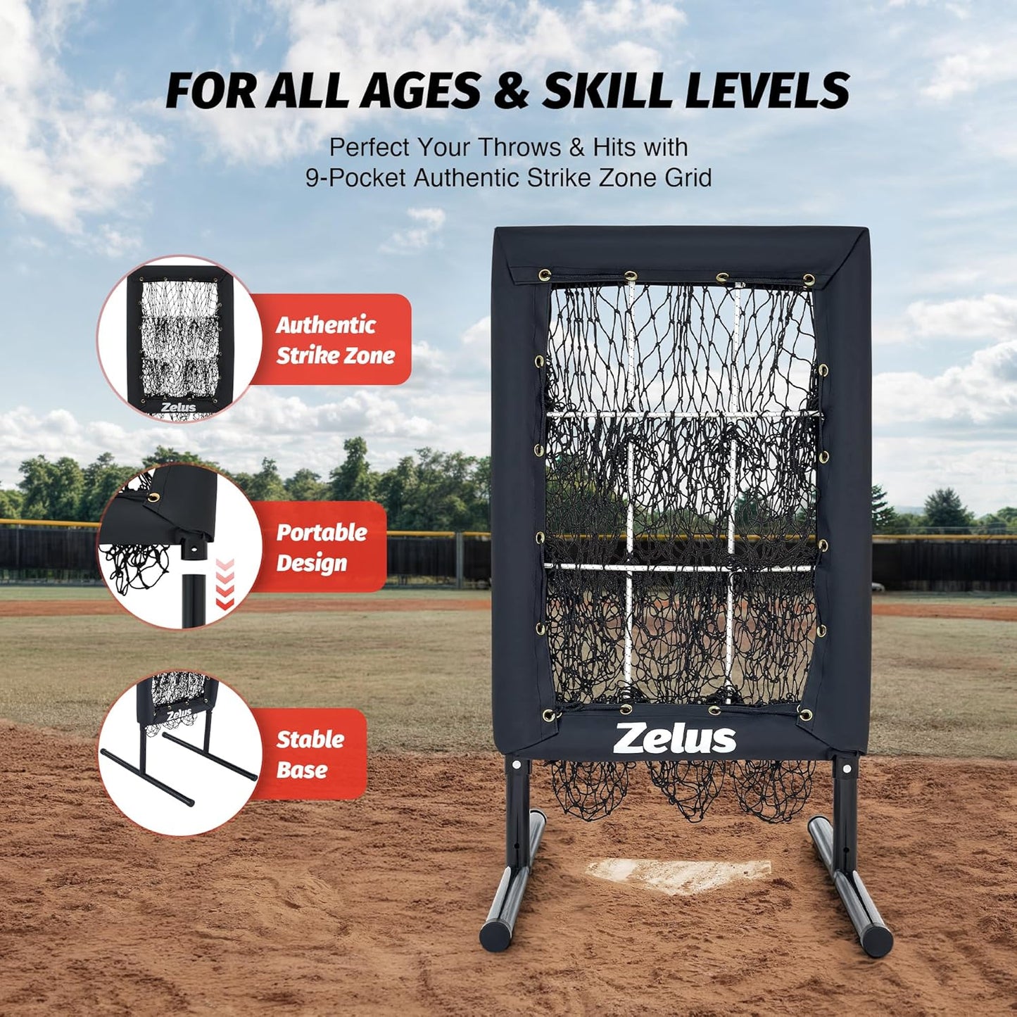 9-Hole Pitching Net, Heavy-Duty with Authentic Strike Zone & Detachable Stand, Height Adjustable