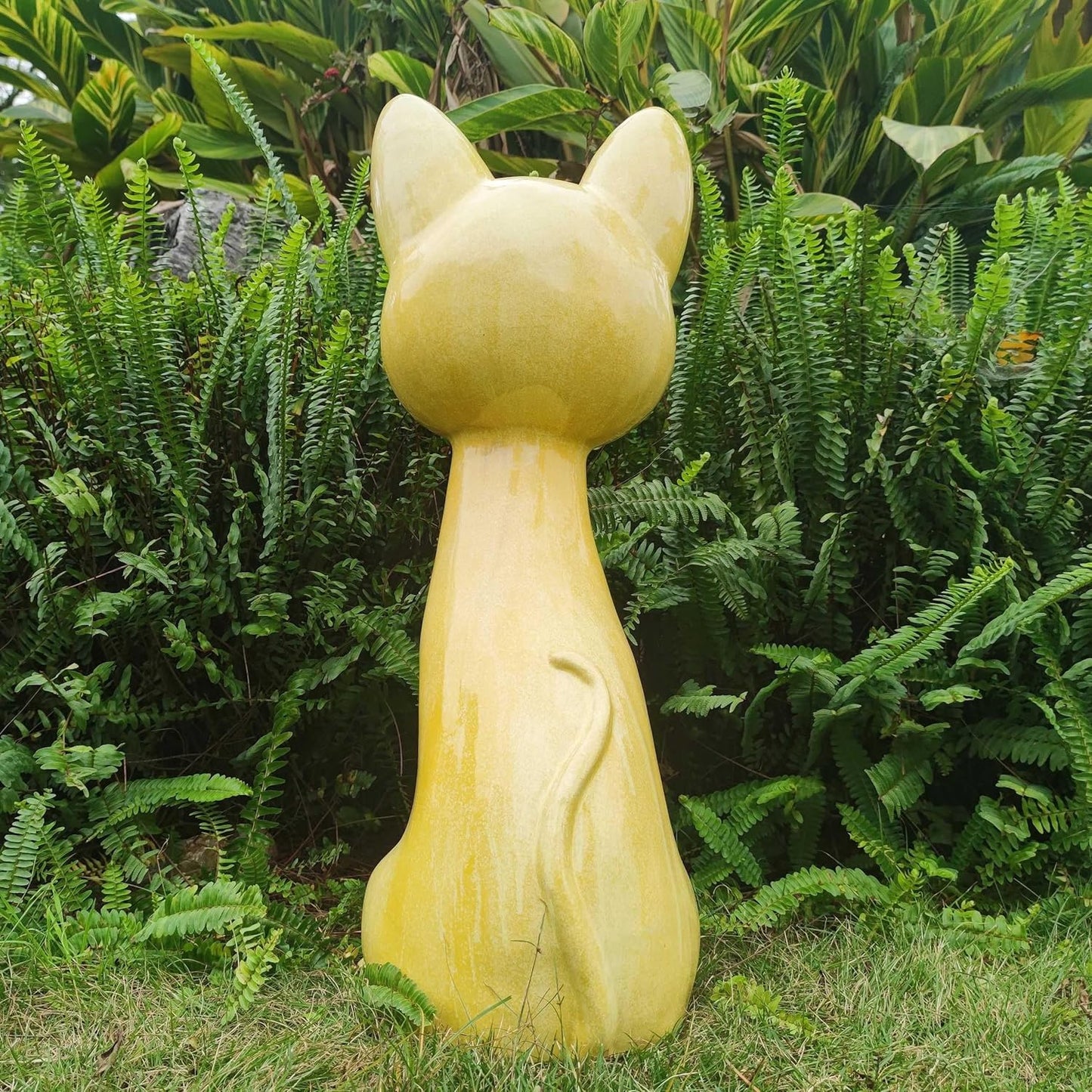 Minimalist Ceramic Sitting Cat Big Size 29' High Lucky Cat Statue Cartoon Style Living Room Animal Kitten Figurine Decoration, Yellow