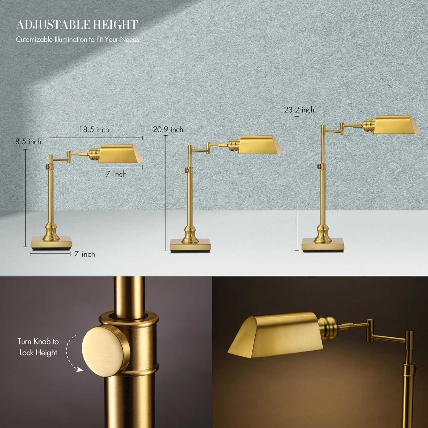 O'Bright Arcadia Pharmacy Desk Lamp | E26 Socket, Built-in Dimmer, Full Range Dimming, Adjustable Height, Swing Arm, Rotatable Lampshade, All-Metal Construction Antique Brass