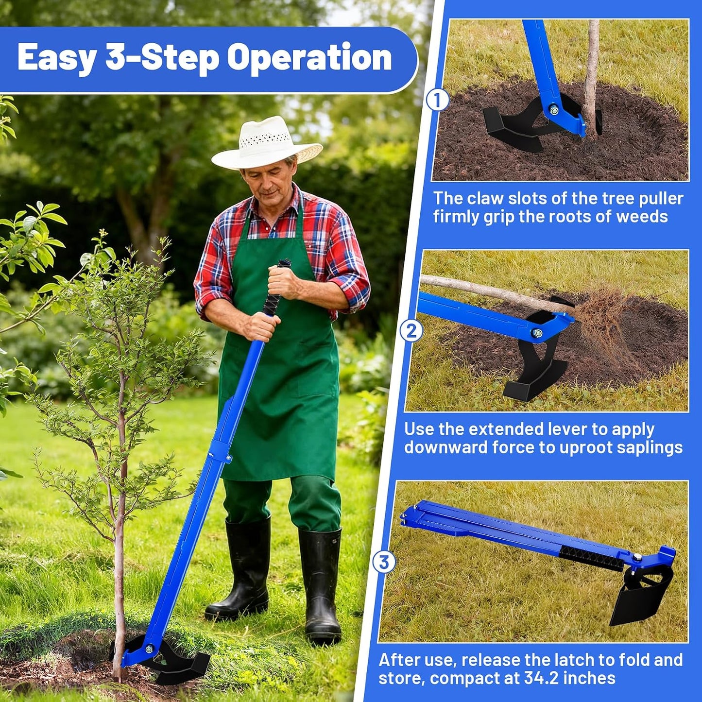 62" H Heavy-Duty Tree Puller for ¼ to 2" Roots, Large Size Sapling Puller Fully Uproots Trees, Shrubs, Vines and Thorns, Fit for Garden, Farm, Forestry, Widened Working Surface, Foldable Design